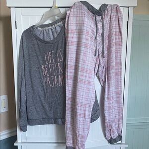 Rae Dunn Gray and Pink Plaid Pajama Set